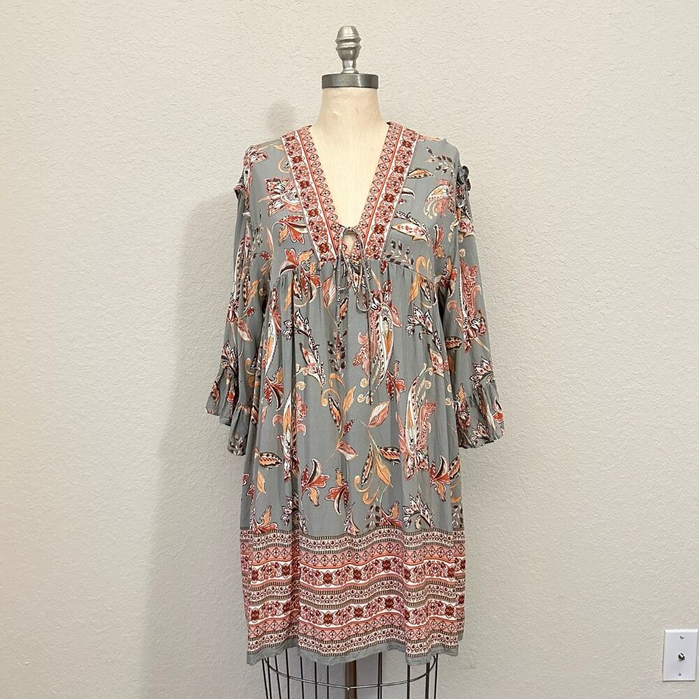 DRESS FORUM Mini Dress Gray Floral Ruffle Bell Sleeve Babydoll Boho